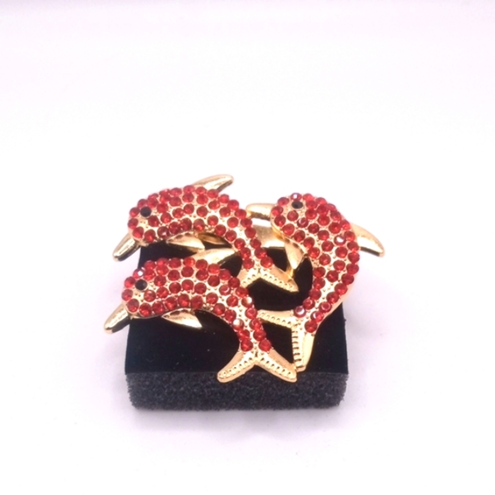 ELEGANT RUBIES AND GOLD DOLPHINS BROOCH NWOT